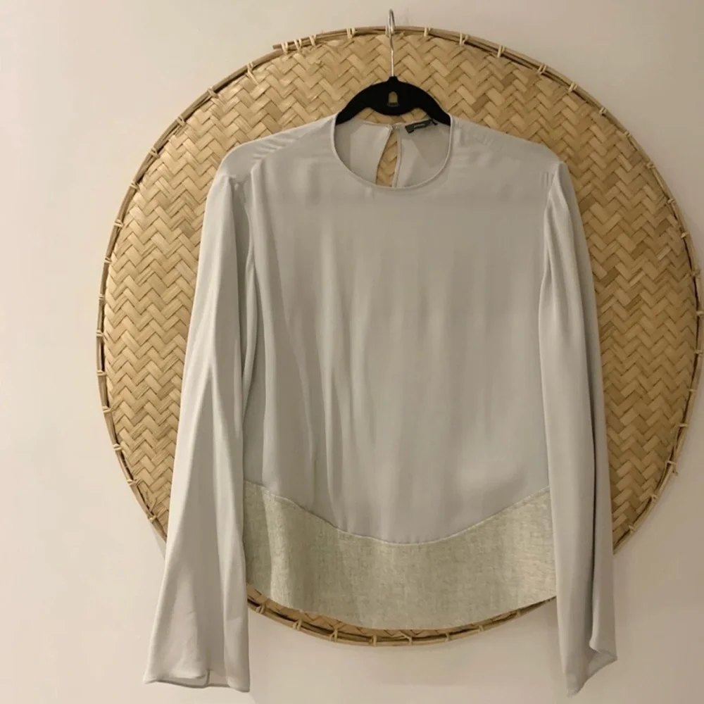 Stunning 100% Silk Light Grey JOSEPH Blouse w/ Wool Felt Detailing‎